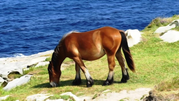 Painting a horse on the sea coast.