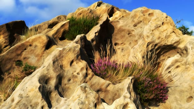 Rock painting with plants and sky with clouds.