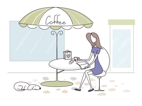 Girl on the terrace of a cafe with her pet.