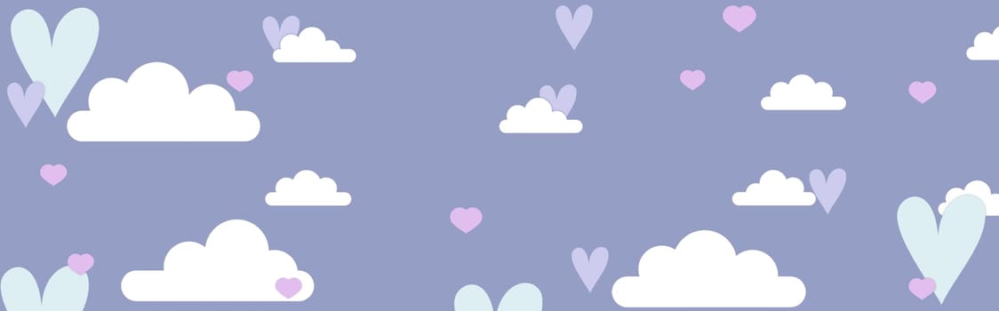 Decorative background with blue sky, white clouds and colored hearts
