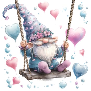 Cute card for Valentine's Day. Cheerful gnome ride on swing surrounded by hearts. AI generated.