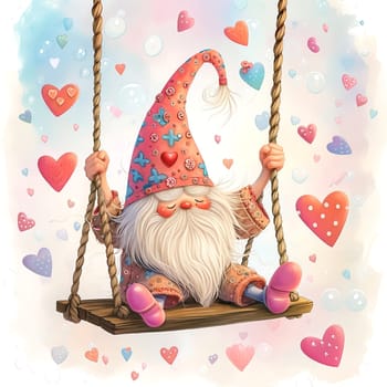 Cute card for Valentine's Day. Cheerful gnome ride on swing surrounded by hearts. AI generated.