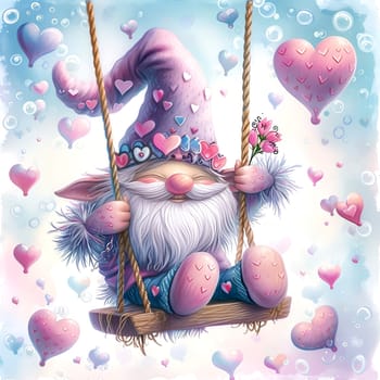 Cute card for Valentine's Day. Cheerful gnome ride on swing surrounded by hearts. AI generated.