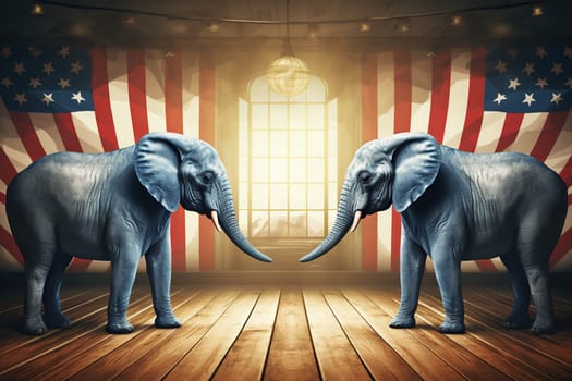 Two large elephants stand opposite each other against the backdrop of the usa flag.
