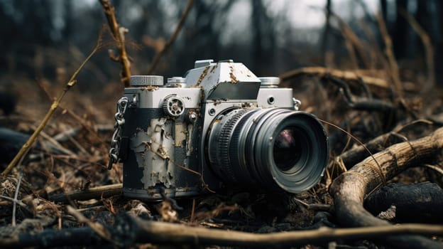 Old rusty camera lost in the jungle forest AI