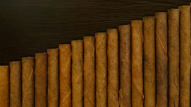 Small cigars lined up. Natural leaf tobacco