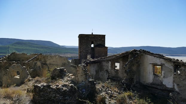 Houses and church of an uninhabited village of Yesa in Navarre