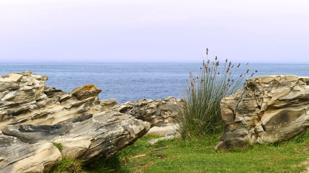 Mount with grass and limestone on the coast of the sea