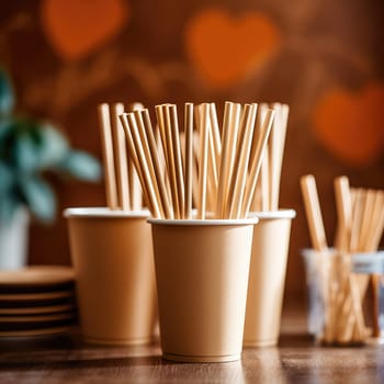 Eco-friendly disposable utensils made of craft paper. Paper cups and straws AI