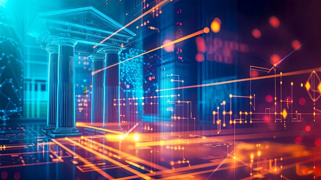 Futuristic Digital Finance and Blockchain Technology with Neon Pillars and Data Analytics.