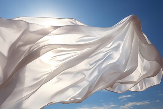 A clean white flag flutters in the wind in the blue sky.