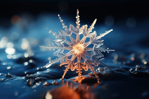 Beautiful crystal snowflake on the snow in the rays of the sun. Winter background.