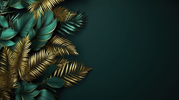 Green background with tropical gilded leaves and space for text.