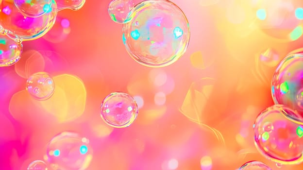Vibrant and Colorful Soap Bubbles Floating on a Dreamy Pink Iridescent Background.