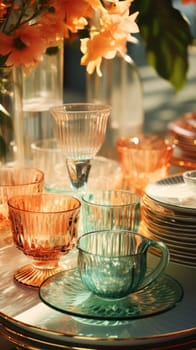 transparent glass retro dish colorful tableware, ai