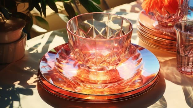 transparent glass retro dish colorful tableware, ai