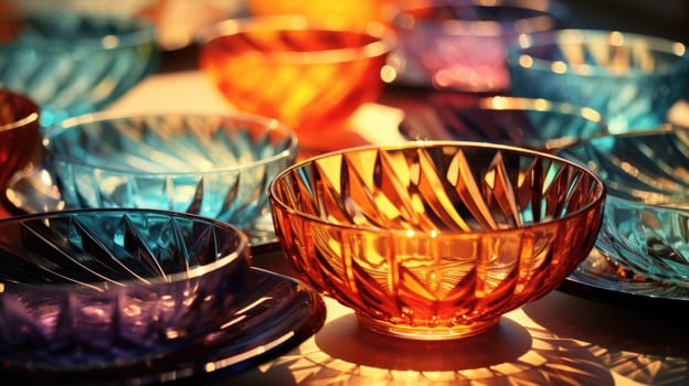transparent glass retro dish colorful tableware, ai