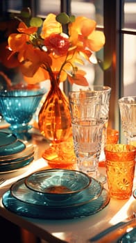 transparent glass retro dish colorful tableware, ai