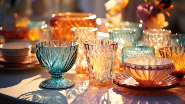 transparent glass retro dish colorful tableware, ai