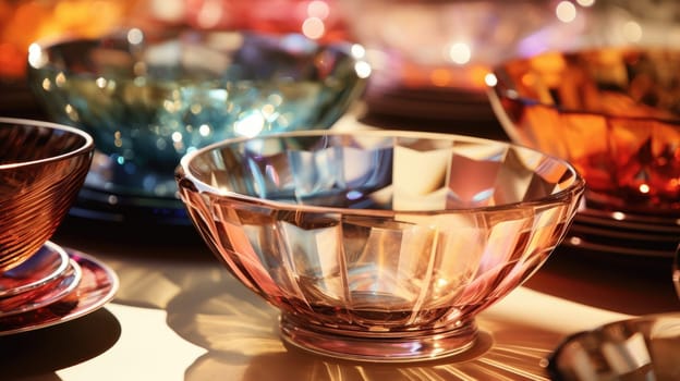 transparent glass retro dish colorful tableware, ai