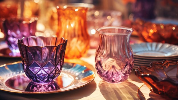 transparent glass retro dish colorful tableware, ai
