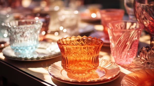 transparent glass retro dish colorful tableware, ai