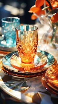 transparent glass retro dish colorful tableware, ai