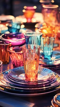 transparent glass retro dish colorful tableware, ai