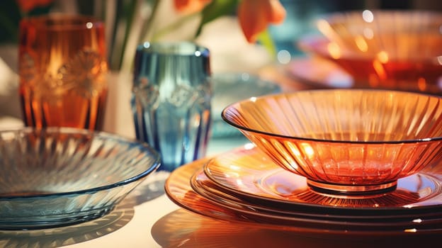 transparent glass retro dish colorful tableware, ai