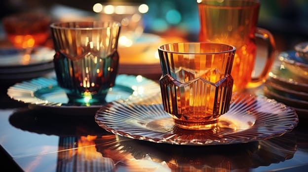 transparent glass retro dish colorful tableware, ai