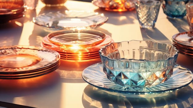 transparent glass retro dish colorful tableware, ai