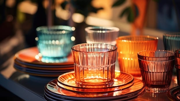 transparent glass retro dish colorful tableware, ai