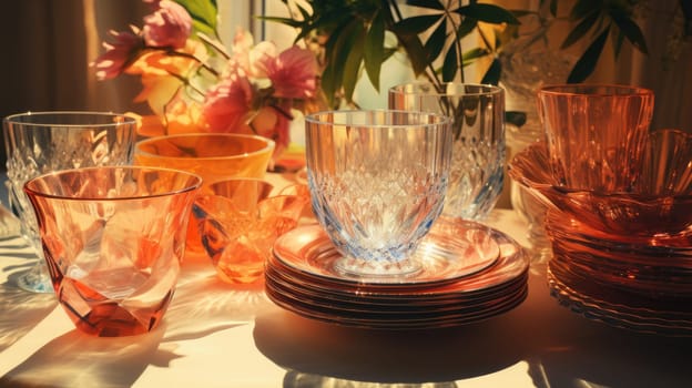 transparent glass retro dish colorful tableware, ai