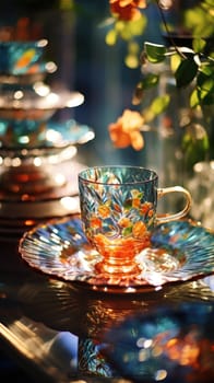 transparent glass retro dish colorful tableware, ai