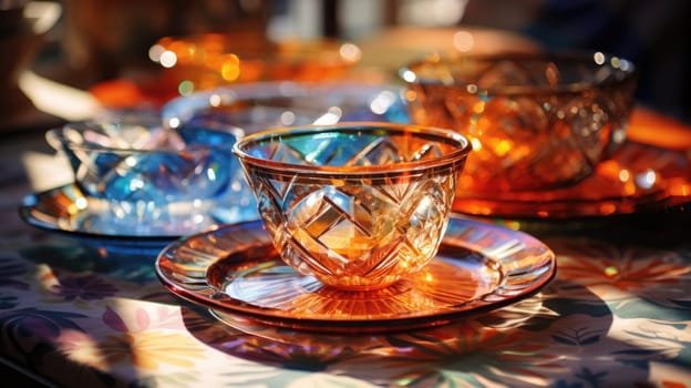 transparent glass retro dish colorful tableware, ai