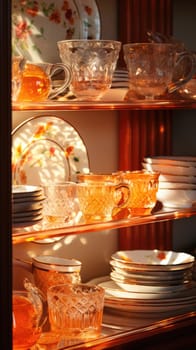 transparent glass retro dish colorful tableware, ai