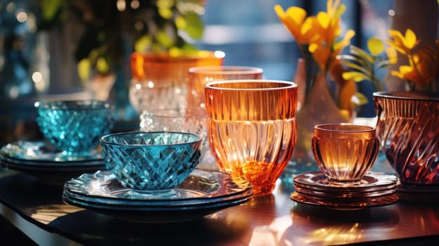 transparent glass retro dish colorful tableware, ai