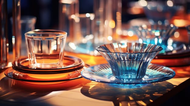 transparent glass retro dish colorful tableware, ai