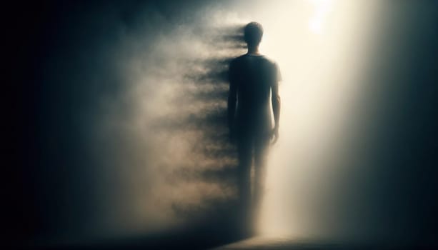 Back view of a person blending into a foggy background, symbolizing detachment.