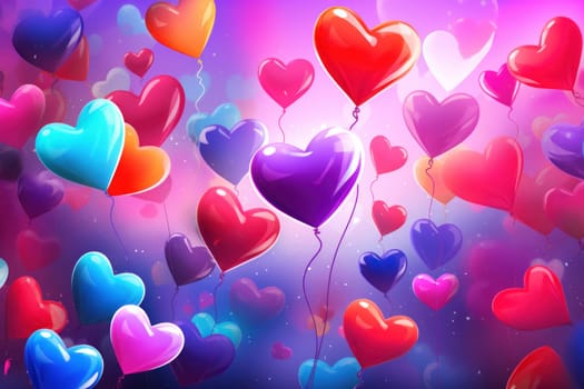 Vivid heart-shaped balloons in an array of colors float against a magical, multicolored backdrop with a festive vibe.
