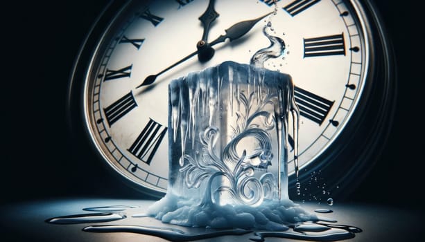 A melting ice sculpture set against a ticking clock, symbolizing the fleeting nature of time and urgency