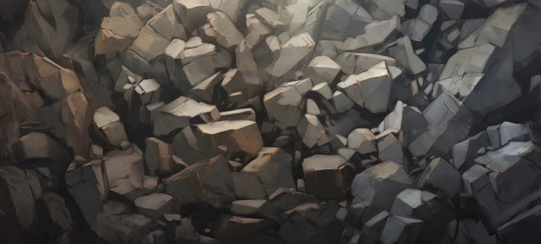 Abstract texture of geometric rock formations in monochromatic tones with highlighted edges.