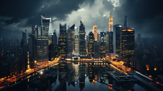 Panorama of the evening city with reflection in the river.