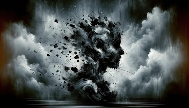 Abstract silhouette fragmented into shapes, symbolizing emotional turmoil