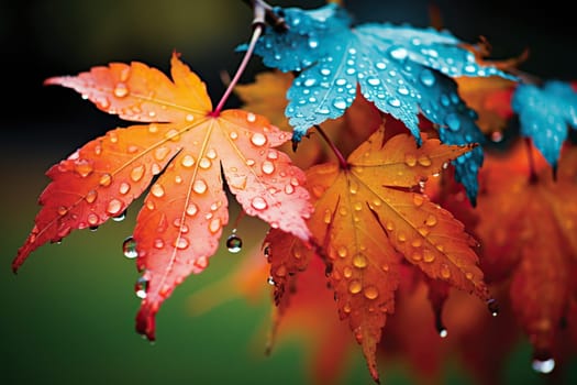 Raindrops on a branch with yellowed leaves close-up. Wet birch leaves.
