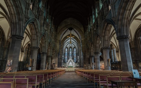 Edinburgh, Scotland - Jan 16, 2024 - Interior view of St Mary's Episcopal Cathedral or the Cathedral Church of Saint Mary the Virgin. is a cathedral of the Scottish Episcopal Church in Edinburgh, Space for text, Selective focus.