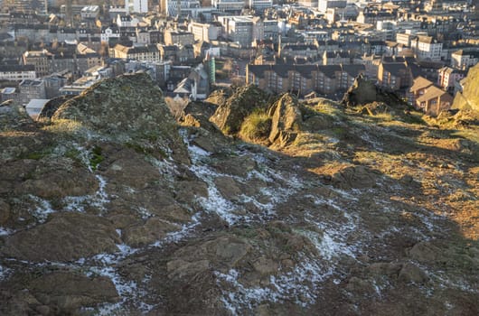Edinburgh, Scotland - Jan 17, 2024 - Amazing Edinburgh Cityscape seen from the top of Salisbury Crags. Destinations in Europe, Space for text, Selective focus.