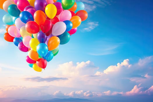 A large bunch of helium ballons straining on their strings against a sunny sky with white clouds. Generated by artificial intelligence