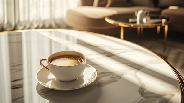 A cup of coffee in an elegant, luxurious and contemporary setting. AI generated.