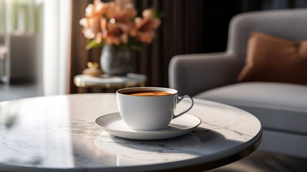 A cup of coffee in an elegant, luxurious and contemporary setting. AI generated.